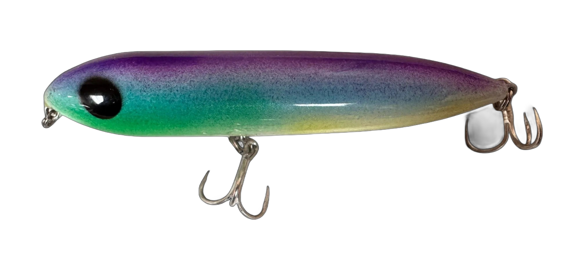 A multicolored fishing lure with a silver belly and black fins, equipped with two hooks.