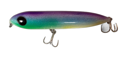 A multicolored fishing lure with a silver belly and black fins, equipped with two hooks.