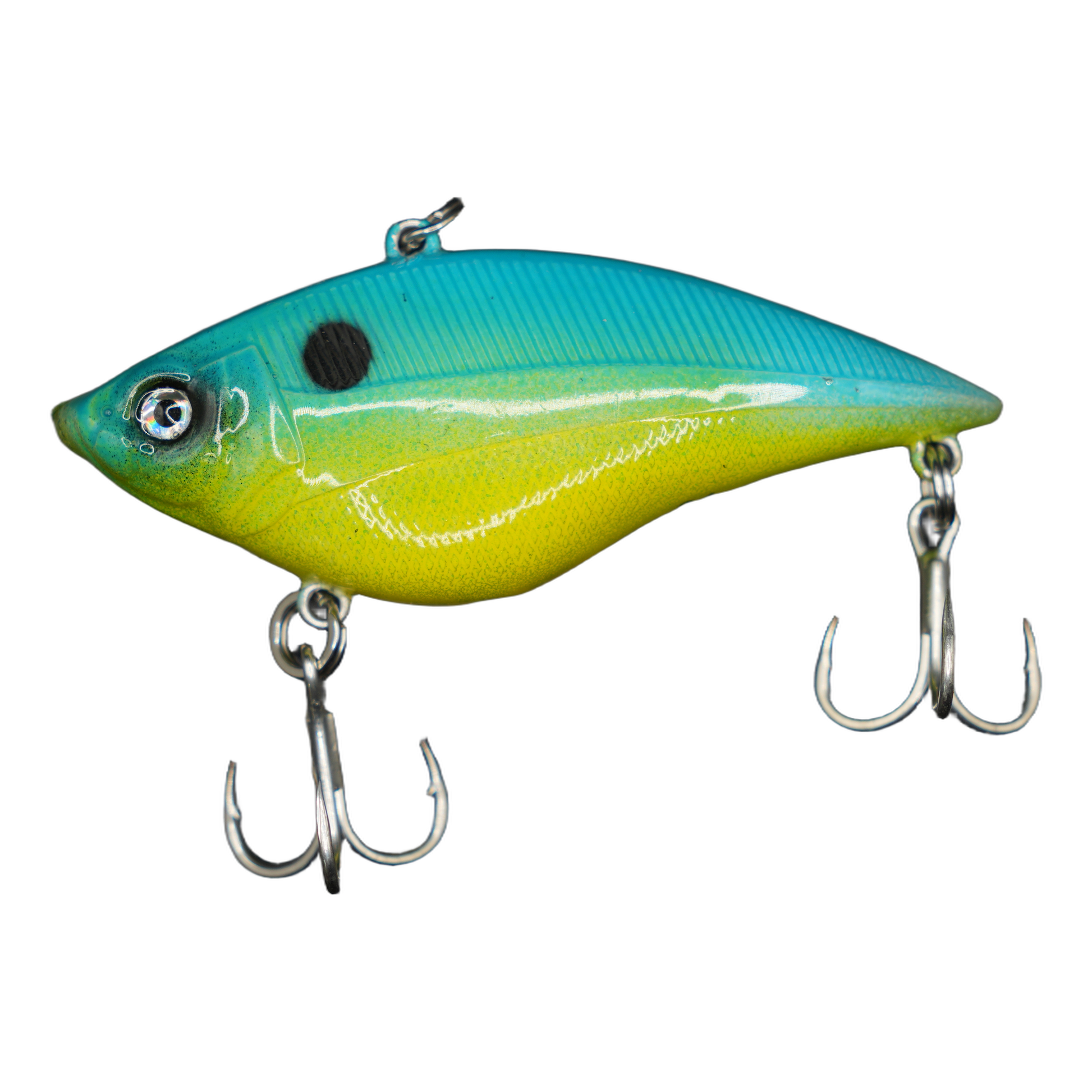 A hard bait fishing lure with a vibrant blue and yellow gradient body, a black eye spot, and two silver treble hooks, shown against a plain white background.