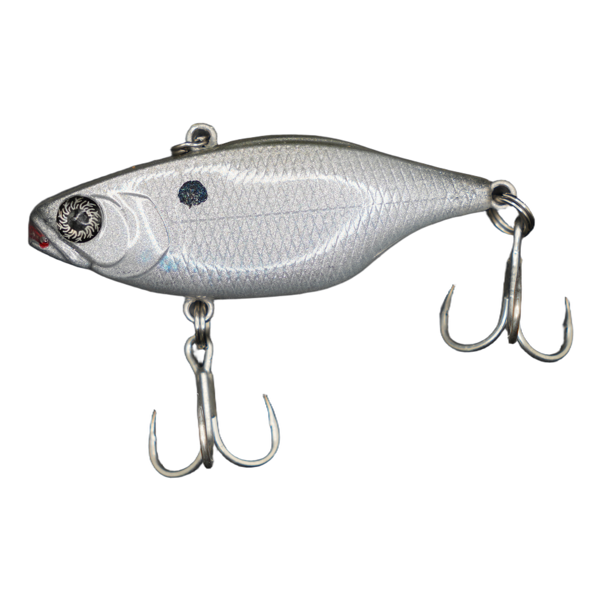 A silver metallic hard bait fishing lure with a realistic fish body, textured scale pattern, dark eye, and two treble hooks, shown on a plain white background.
