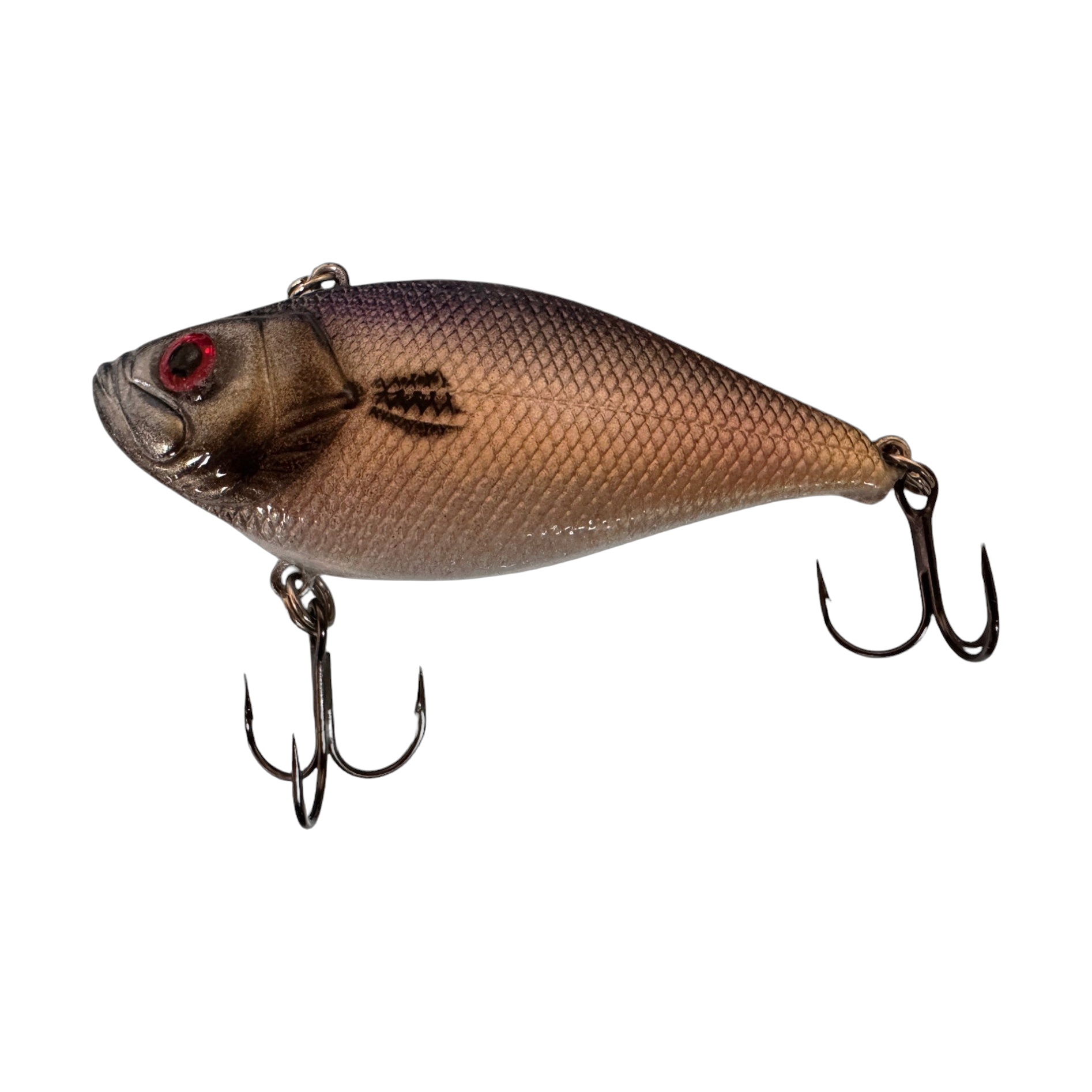 Fishing lure resembling a fish with treble hooks on a white background