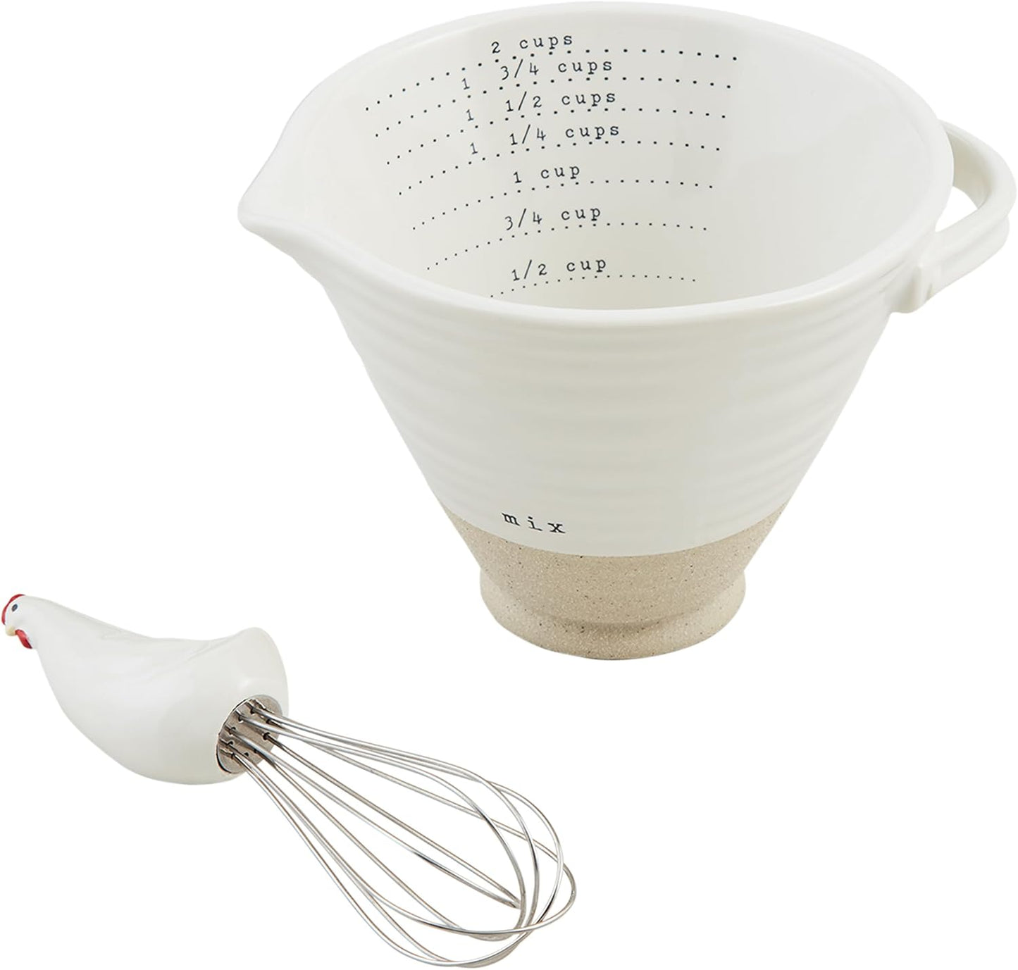 White ceramic mixing bowl with printed cup measurements and a matching white hen whisk, shown on a clean white background.