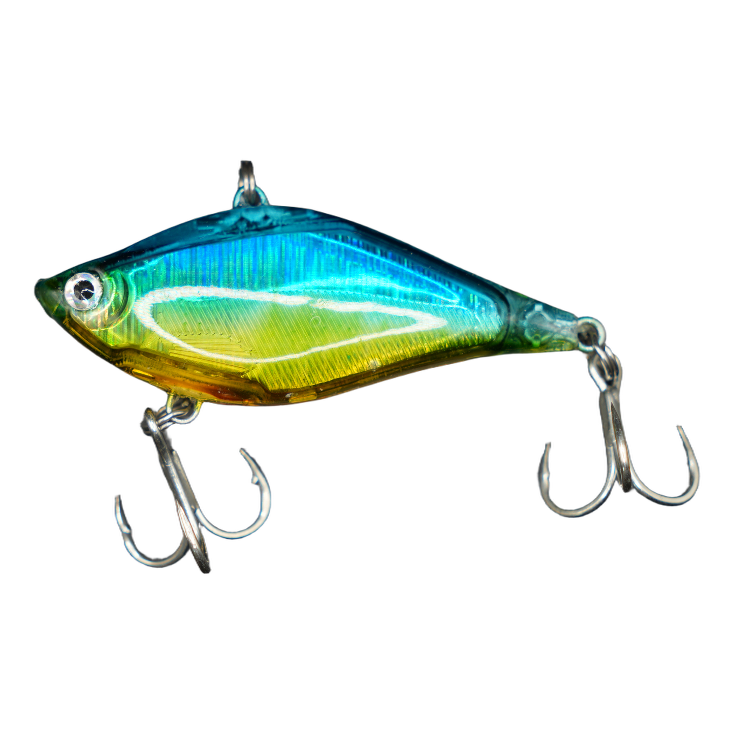 A hard plastic fishing lipless lure with a metallic iridescent finish, featuring a blue and green top that fades to yellow on the belly, with two silver treble hooks attached.