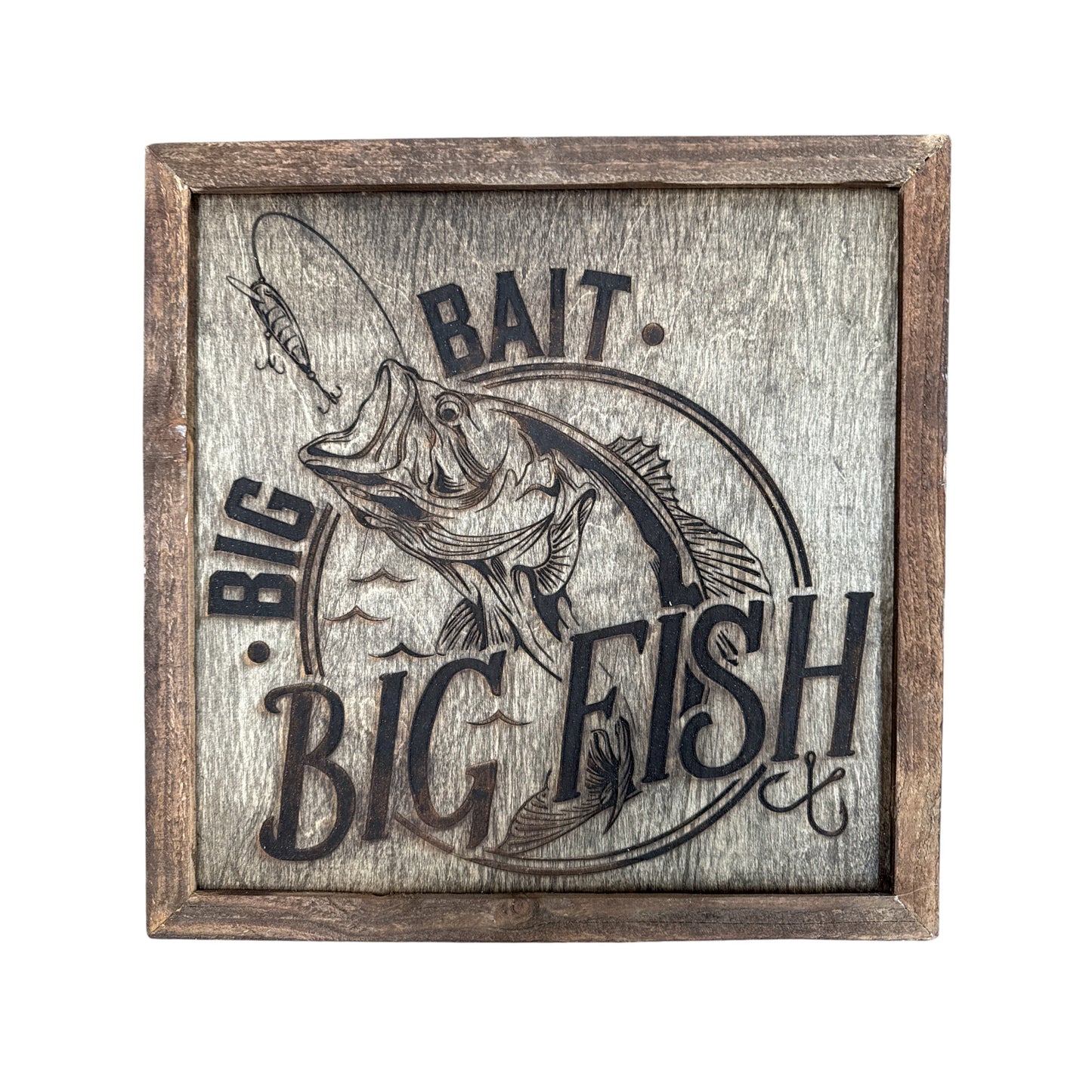 Bug Bait Big Fish Wood Art 16” x 16”