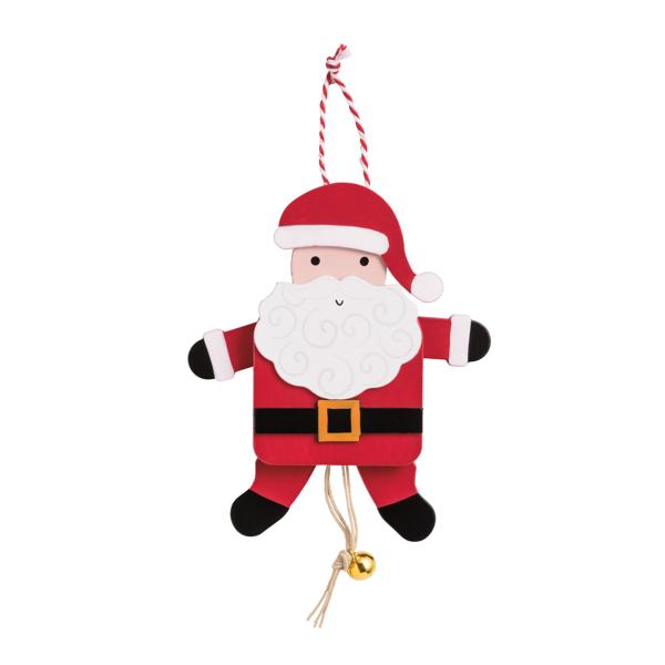Decorative Santa Claus ornament with a gold bell on a white background