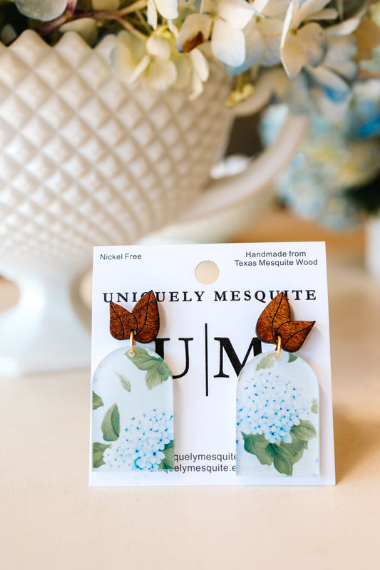 Blue Hydrangea Acrylic and Mesquite Wood Earrings