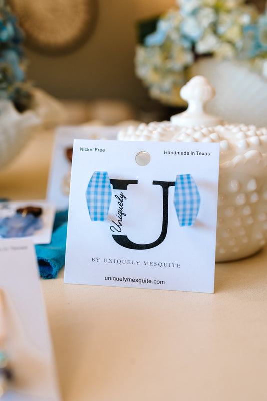 Blue Gingham Square Acrylic Hoop Earrings