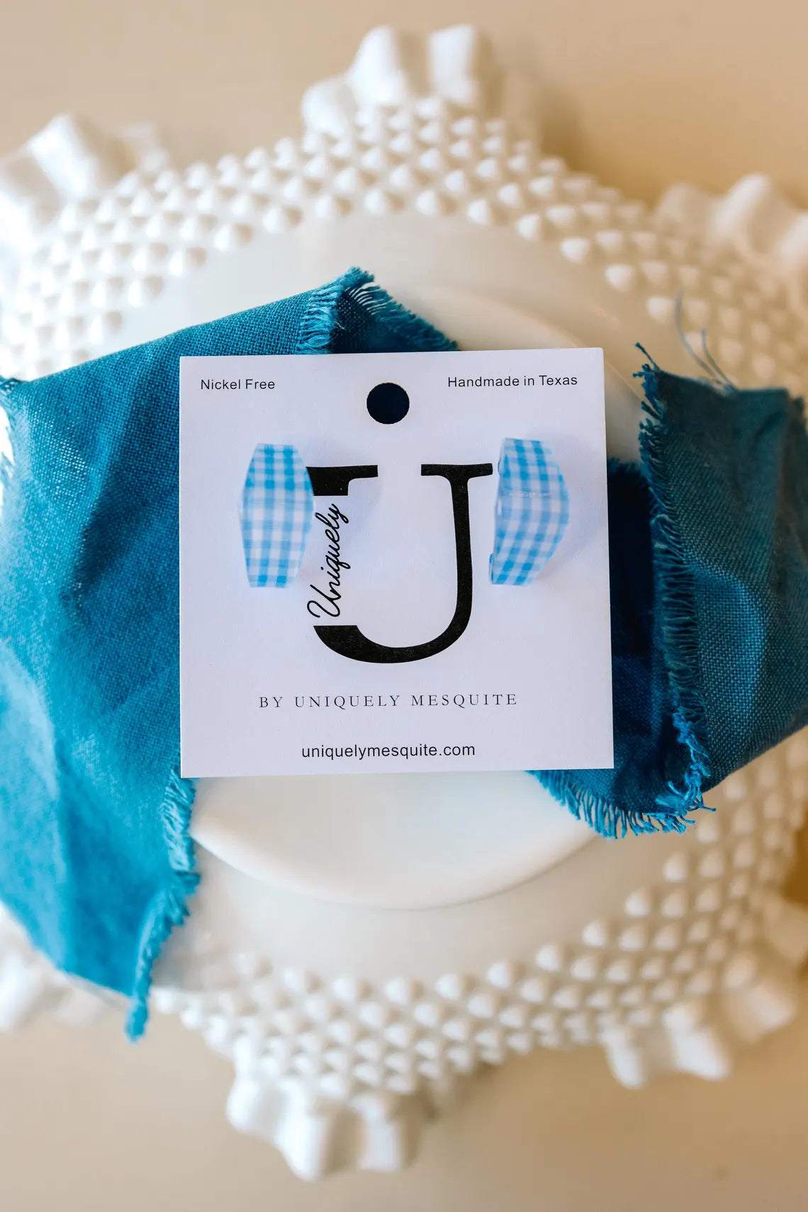 Blue Gingham Square Acrylic Hoop Earrings