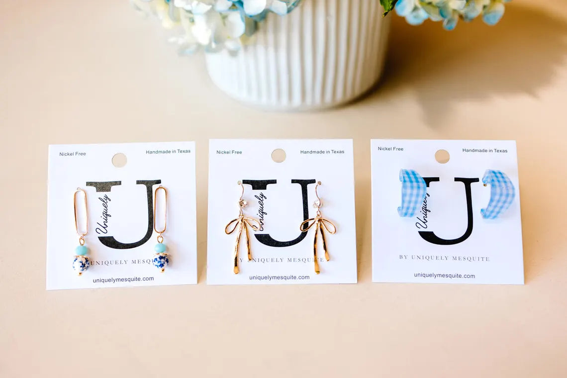 Blue Gingham Square Acrylic Hoop Earrings