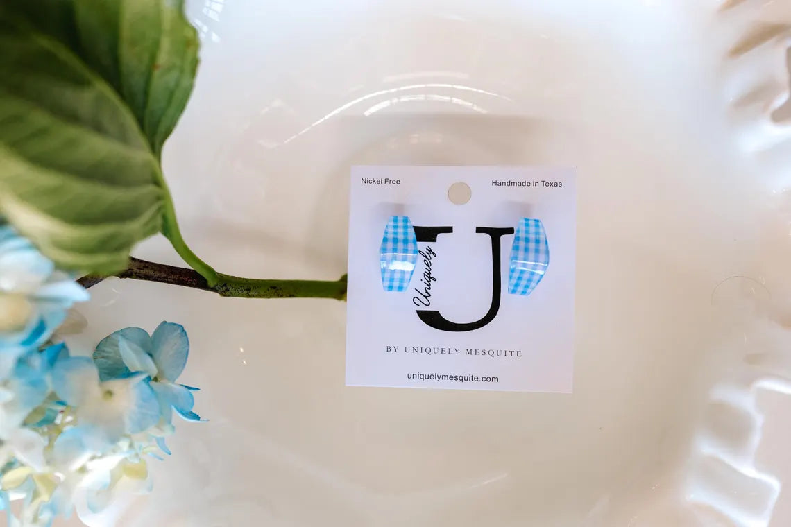 Blue Gingham Square Acrylic Hoop Earrings