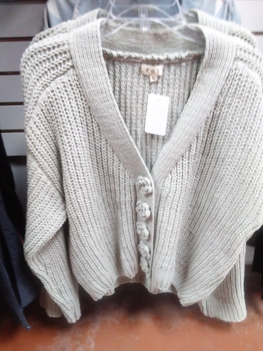 Khaki Grey Cardigan W/flower Covered Buttons